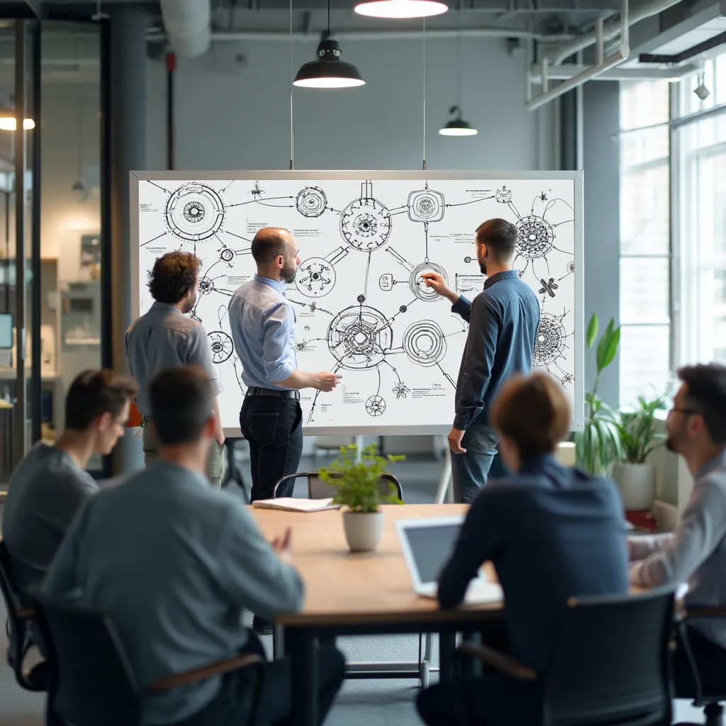 Team bei der Besprechung von KI-Konzepten am Whiteboard